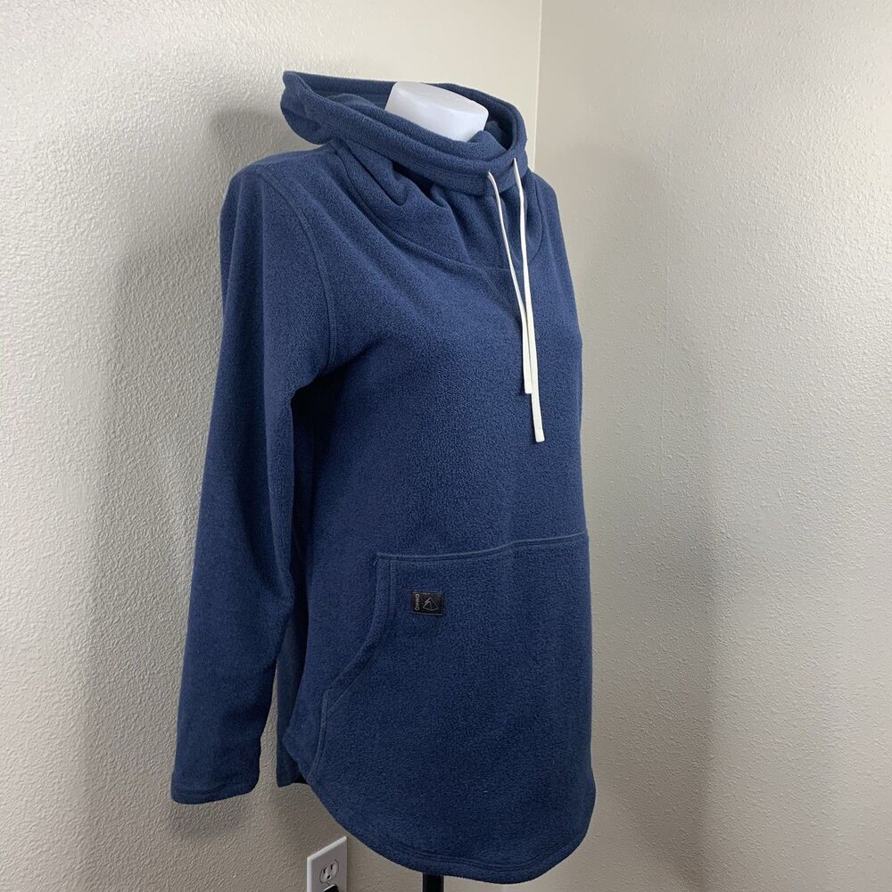 DESO Women's Blue Fleece Cowl Neck Pullover Tunic Top Sz L Pocket Sweater
